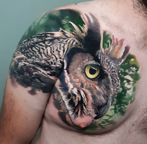 realistic owl shoulder chest tattoo