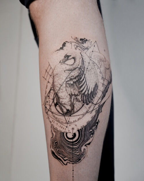 black swan tattoo on the leg with geometric abstract