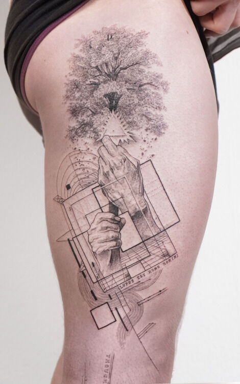 nature tattoo on the leg with black geometric and abstract