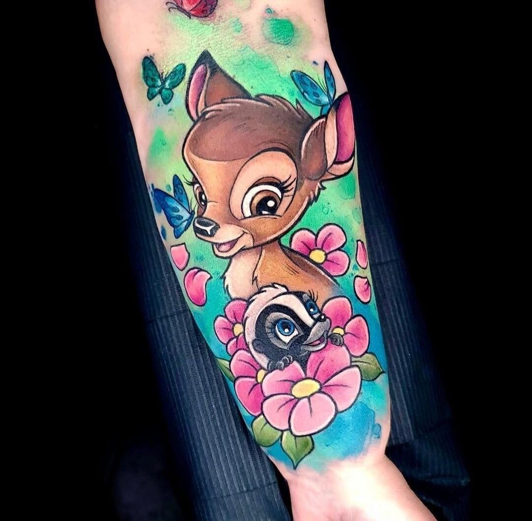 Bambi and Flower tattoo by @ginafote at Arlia Tattoo Orlando