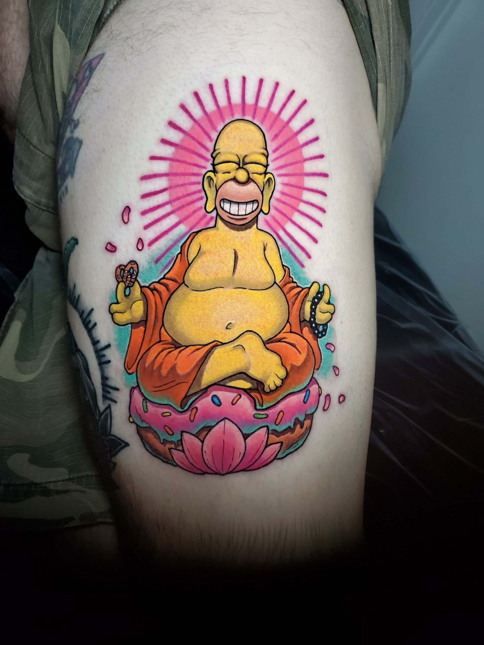 Homer Buddah tattoo by Fuzz at Ascension Tattoo in Orlando scaled
