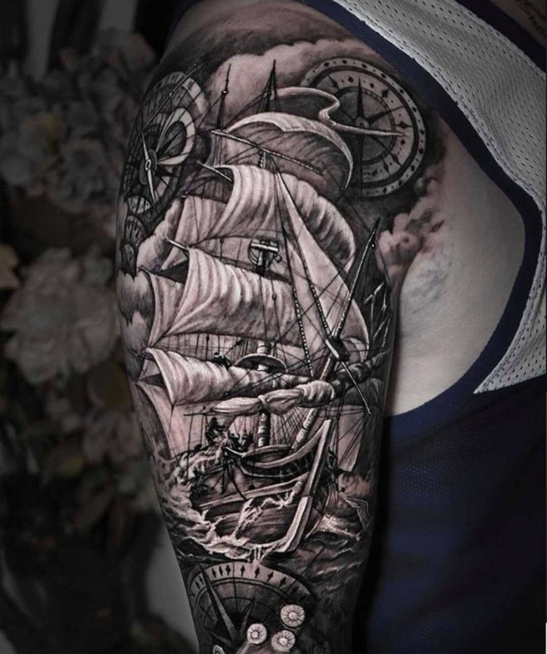 Ship half sleeve done by @joseneedles at Arlia tattoo in