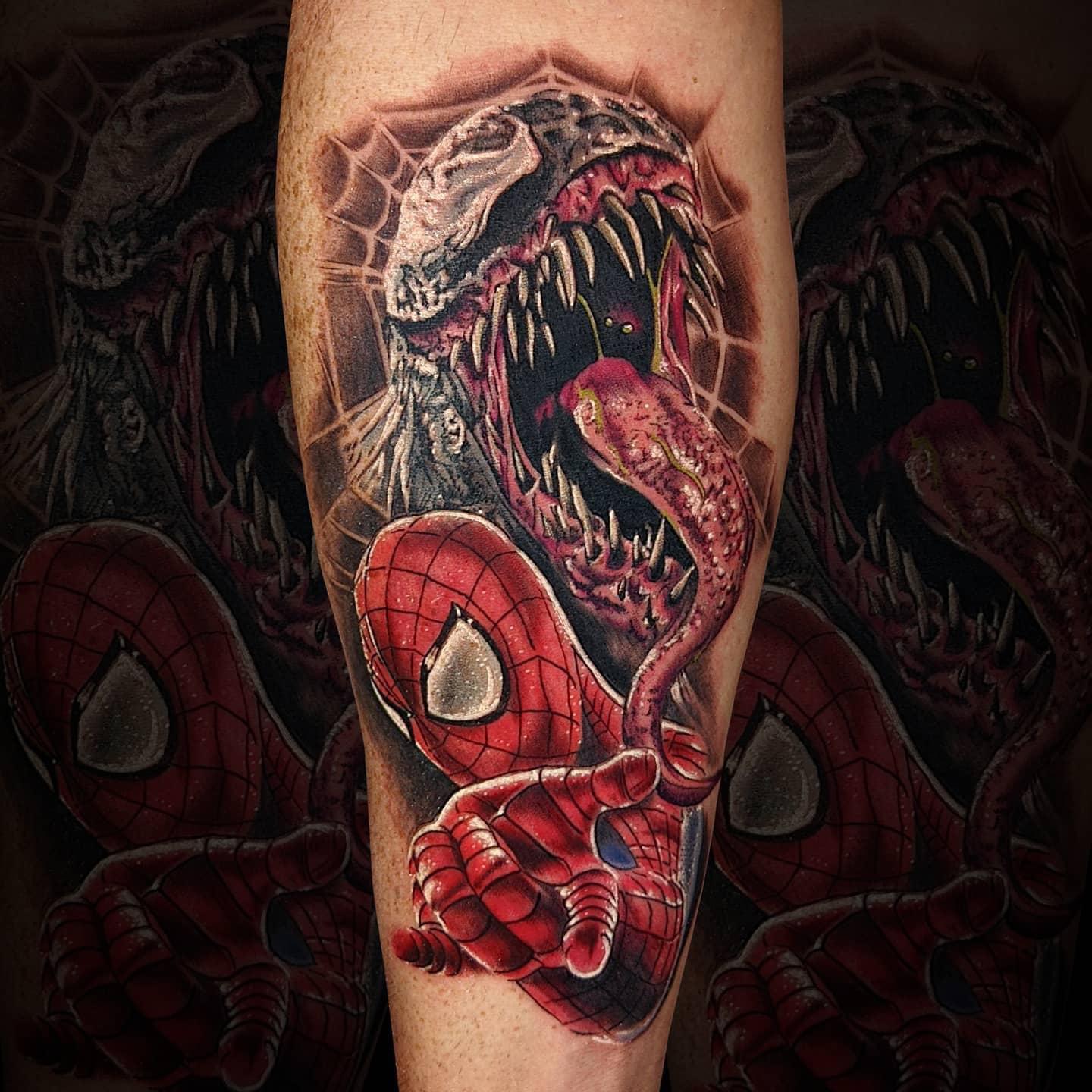 Spider Man and Venom tattoo by josh at marked society tattoo